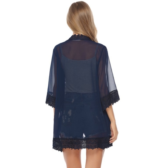 Sheer Kimono Chiffon Lace Cardigan Coverup - Picture 2 of 5